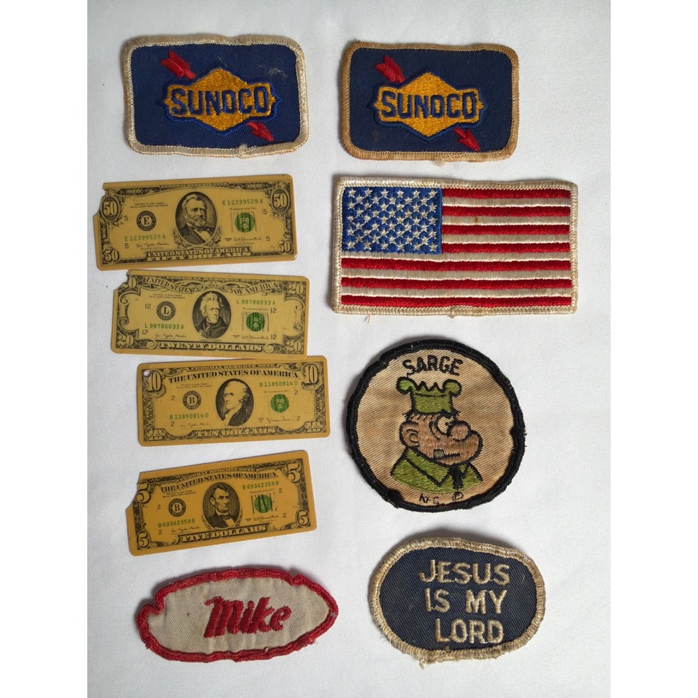 Vintage Sunoco USA Flag Sarge Jesus Is My Lord Mike Patches Plastic Money Set OS